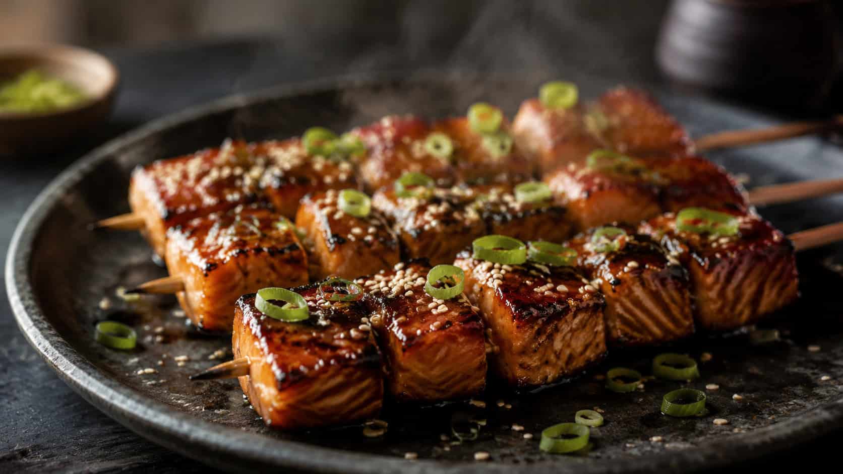 hoisin glazed salmon skewers on a dark plate in a wide horizontal shot, deep glossy mahogany glaze, sesame seeds and sliced scallions on top, steam rising, moody natural light, shallow depth of field, landscape orientation
