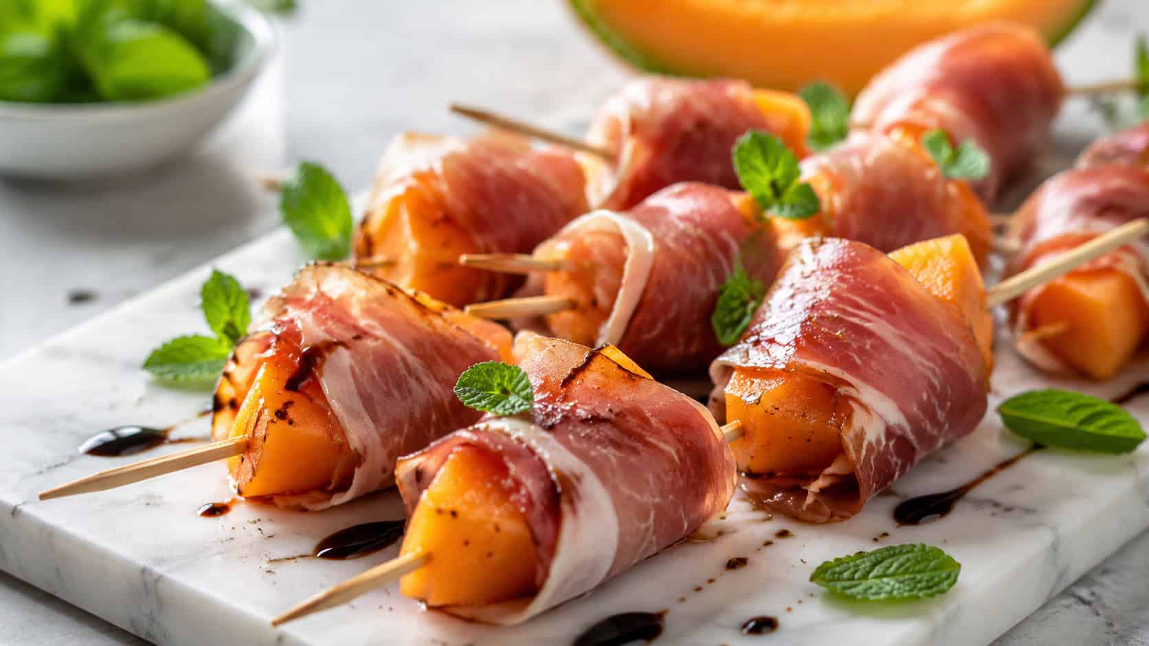 prosciutto wrapped melon skewers on a white marble board in a wide horizontal shot, vibrant orange melon peeking through ruffled ham, fresh mint and balsamic drizzle, bright airy light, shallow depth of field, landscape orientation