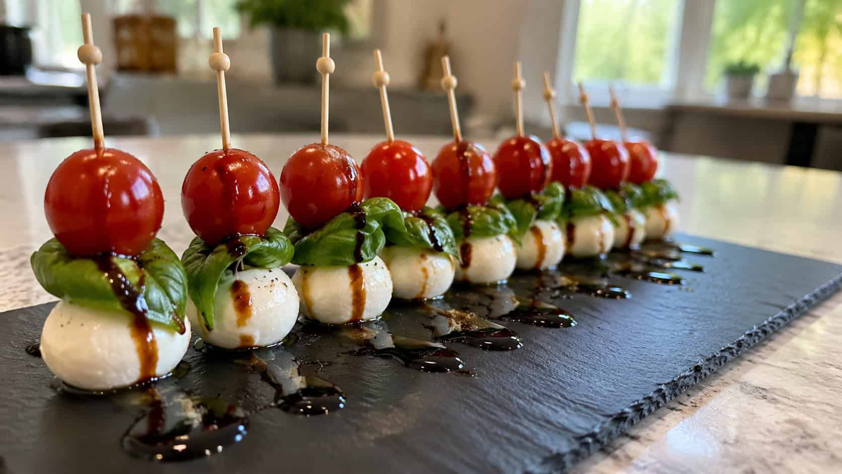 caprese skewers with cherry tomatoes, mozzarella, and basil lined up on a slate board in a wide horizontal shot, drizzled balsamic glaze pooling underneath, bright kitchen light, shallow depth of field, landscape orientation