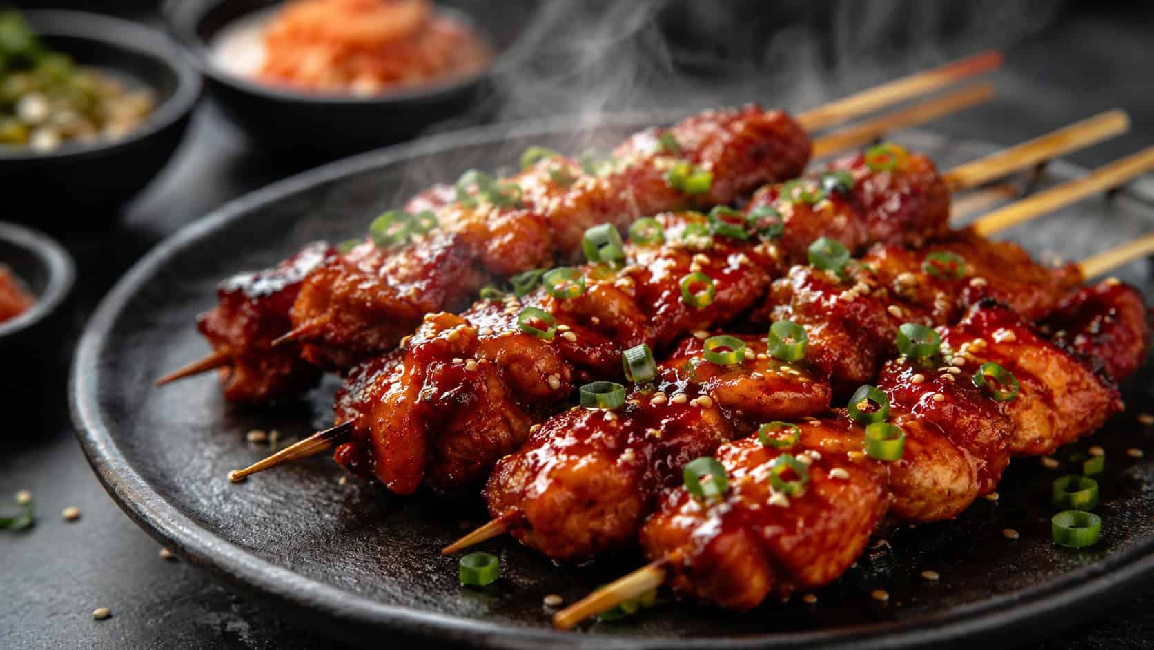 glossy red gochujang-glazed chicken skewers on a dark ceramic plate in a wide horizontal shot, sprinkled with sesame seeds and green scallions, steam rising, moody natural light, shallow depth of field, landscape orientation