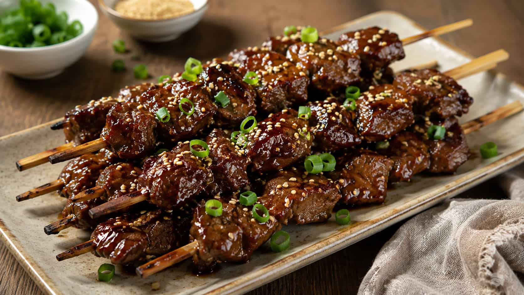 teriyaki beef skewers piled on a rectangular plate in a wide horizontal shot, deep mahogany glaze catching the light, toasted sesame and scallion garnish, linen napkin nearby, warm natural light, shallow depth of field, landscape orientation