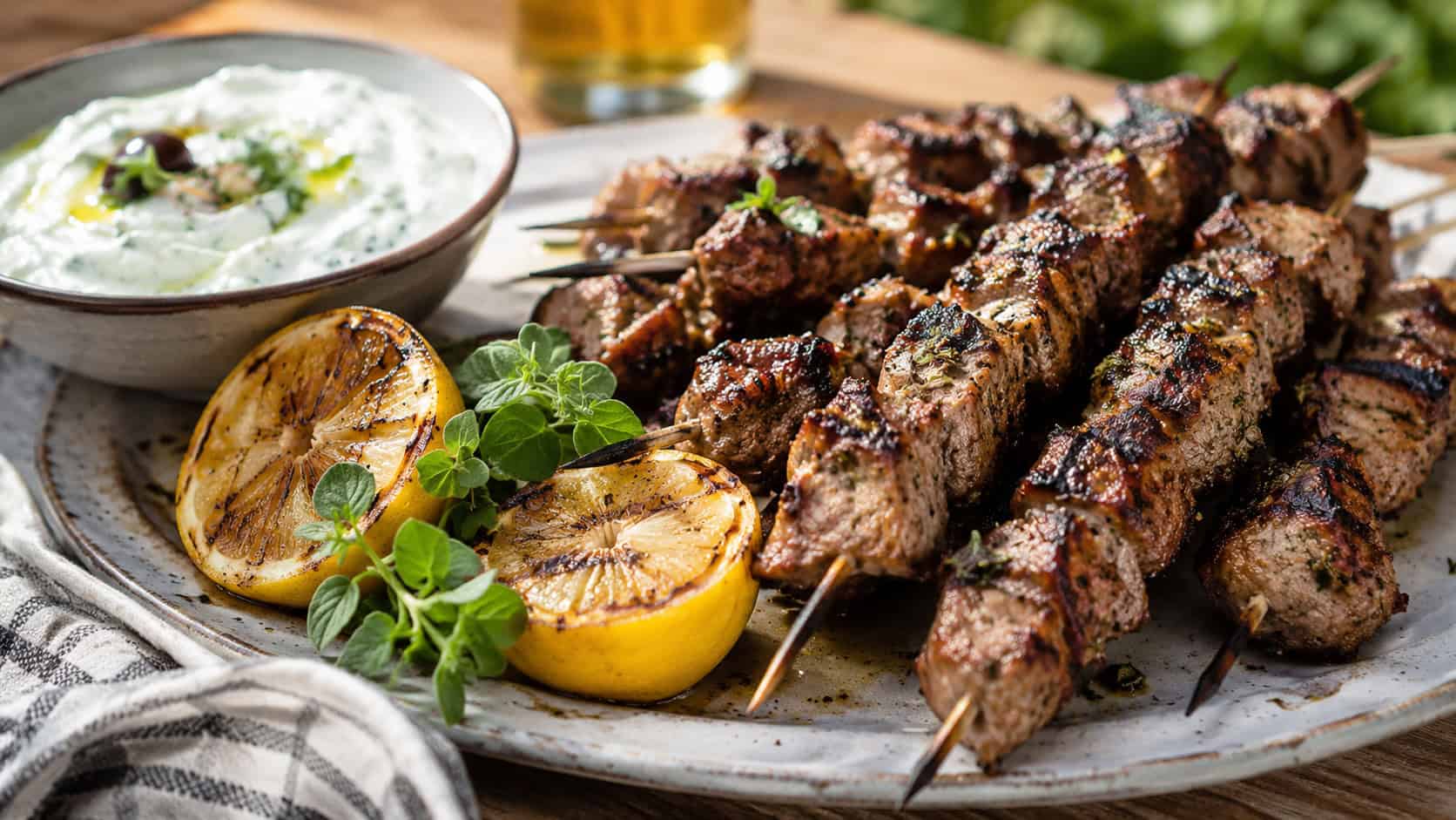 charred Mediterranean lamb skewers on a rustic platter in a wide horizontal shot, lemon halves, fresh oregano, and a bowl of creamy tzatziki alongside, sun-washed natural light, shallow depth of field, landscape orientation
