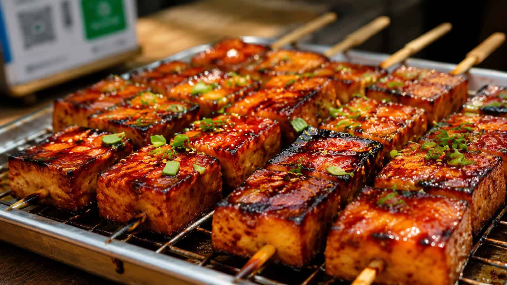 glossy barbecue tofu skewers on a metal grill tray in a wide horizontal shot, deeply caramelized edges, brushed with sticky red glaze, chopped chives scattered over, warm outdoor light, shallow depth of field, landscape orientation
