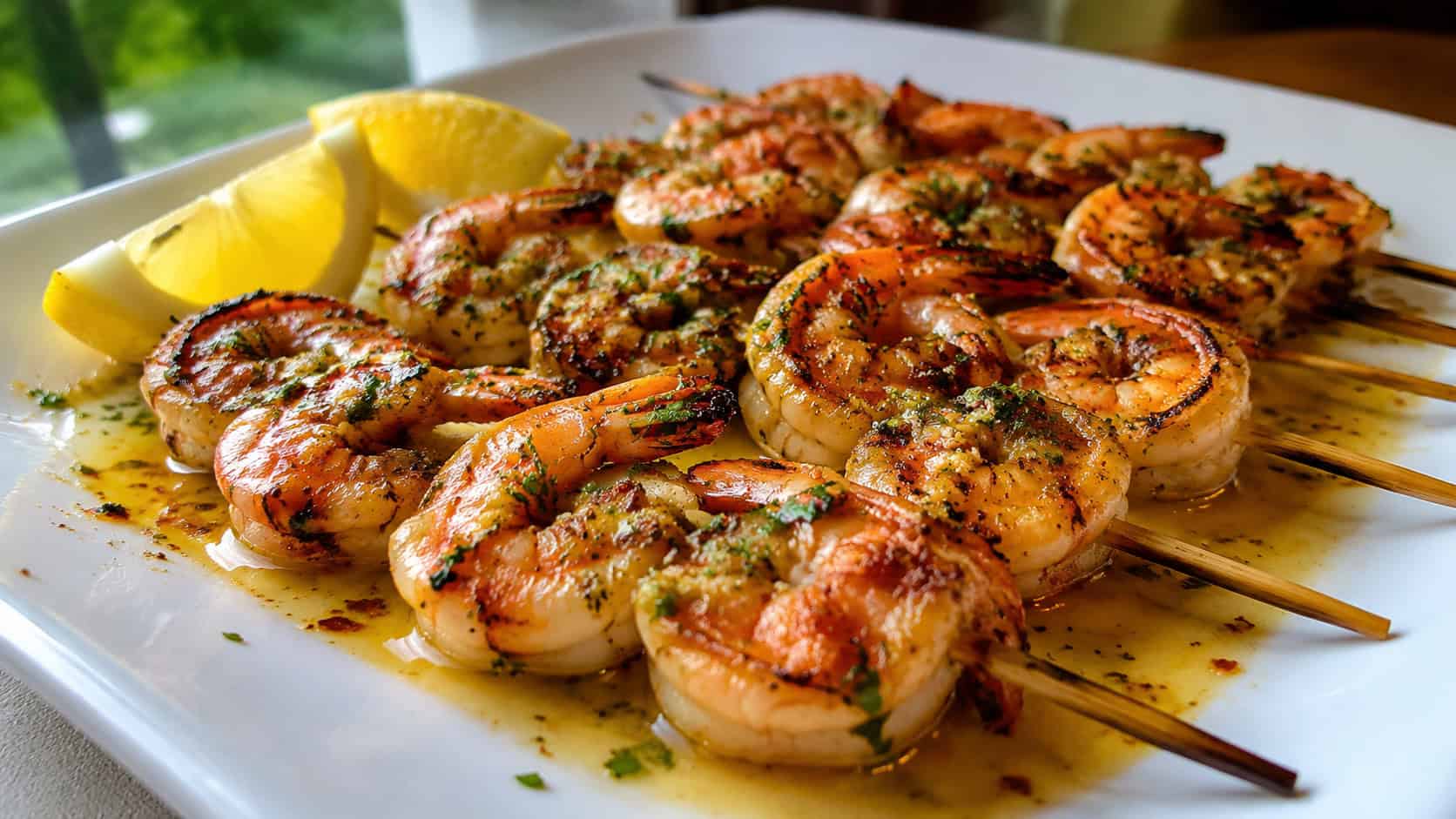 garlic butter shrimp skewers glistening on a white plate in a wide horizontal shot, flecks of parsley and red pepper, lemon wedges and a pool of butter, soft natural light, shallow depth of field, landscape orientation