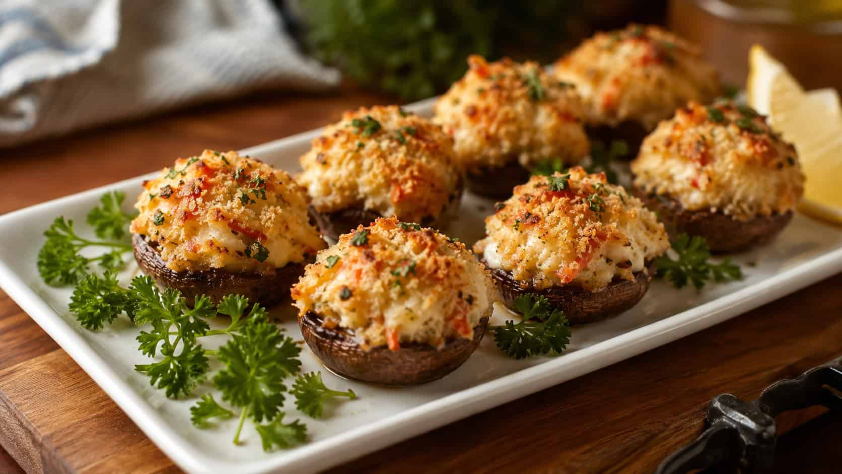 crab-stuffed mushrooms with golden breadcrumb tops on a platter in a wide horizontal shot, garnished with parsley on a wooden board, warm inviting light, shallow depth of field, landscape orientation