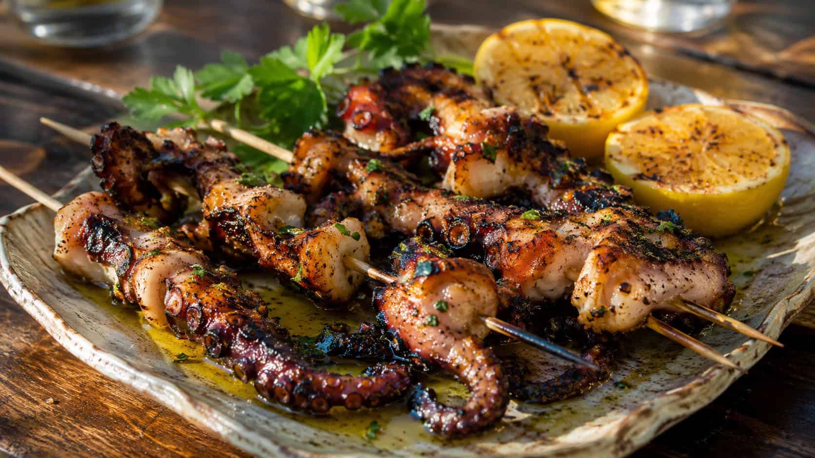 charred grilled octopus skewers drizzled with olive oil and lemon in a wide horizontal shot, on a rustic platter with lemon halves and parsley, warm smoky light, shallow depth of field, landscape orientation