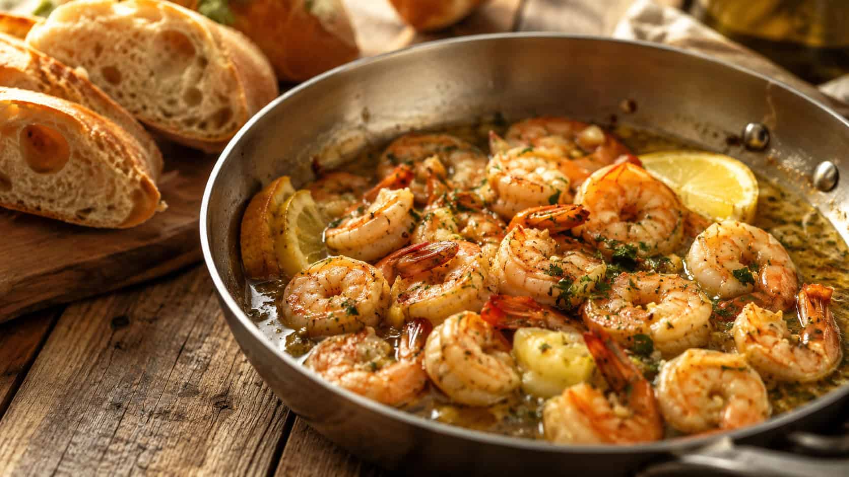 garlic butter shrimp scampi glistening in a skillet with parsley and lemon in a wide horizontal shot, on a rustic table with crusty bread alongside, warm golden light, shallow depth of field, landscape orientation
