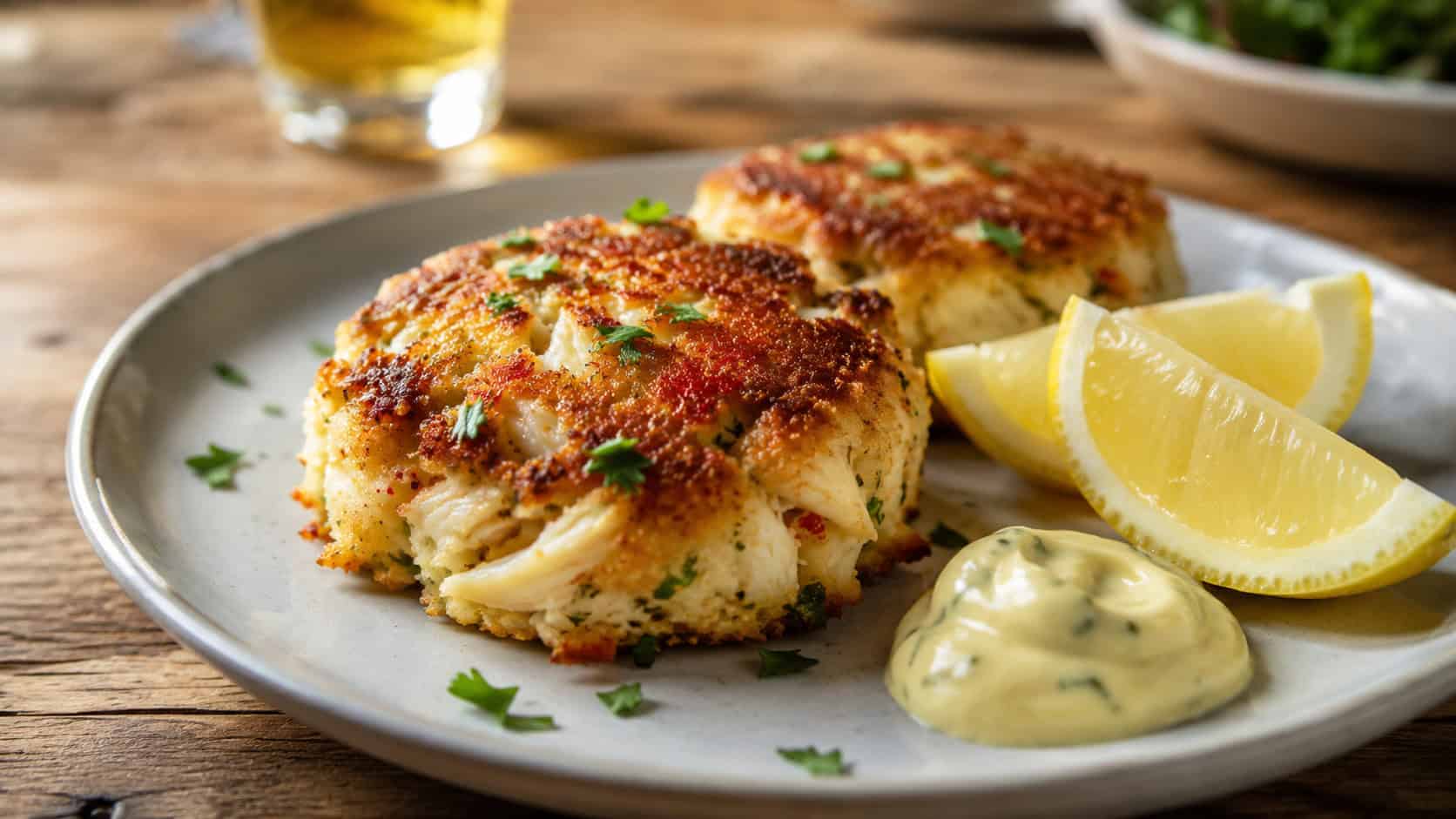 golden pan-seared crab cakes with a crisp exterior on a plate in a wide horizontal shot, with lemon wedges and a dollop of aioli on a rustic table, warm natural light, shallow depth of field, landscape orientation
