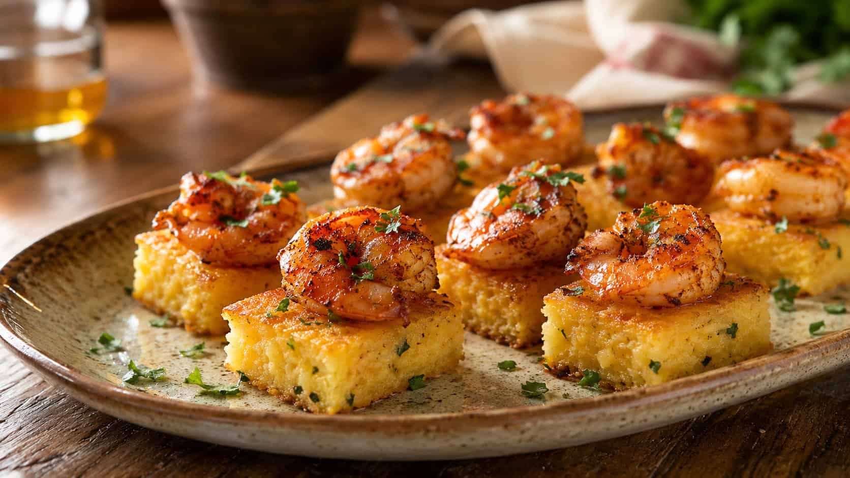golden cheddar grits squares each topped with a spiced shrimp in a wide horizontal shot, arranged on a rustic platter with parsley garnish, warm Southern-style light, shallow depth of field, landscape orientation