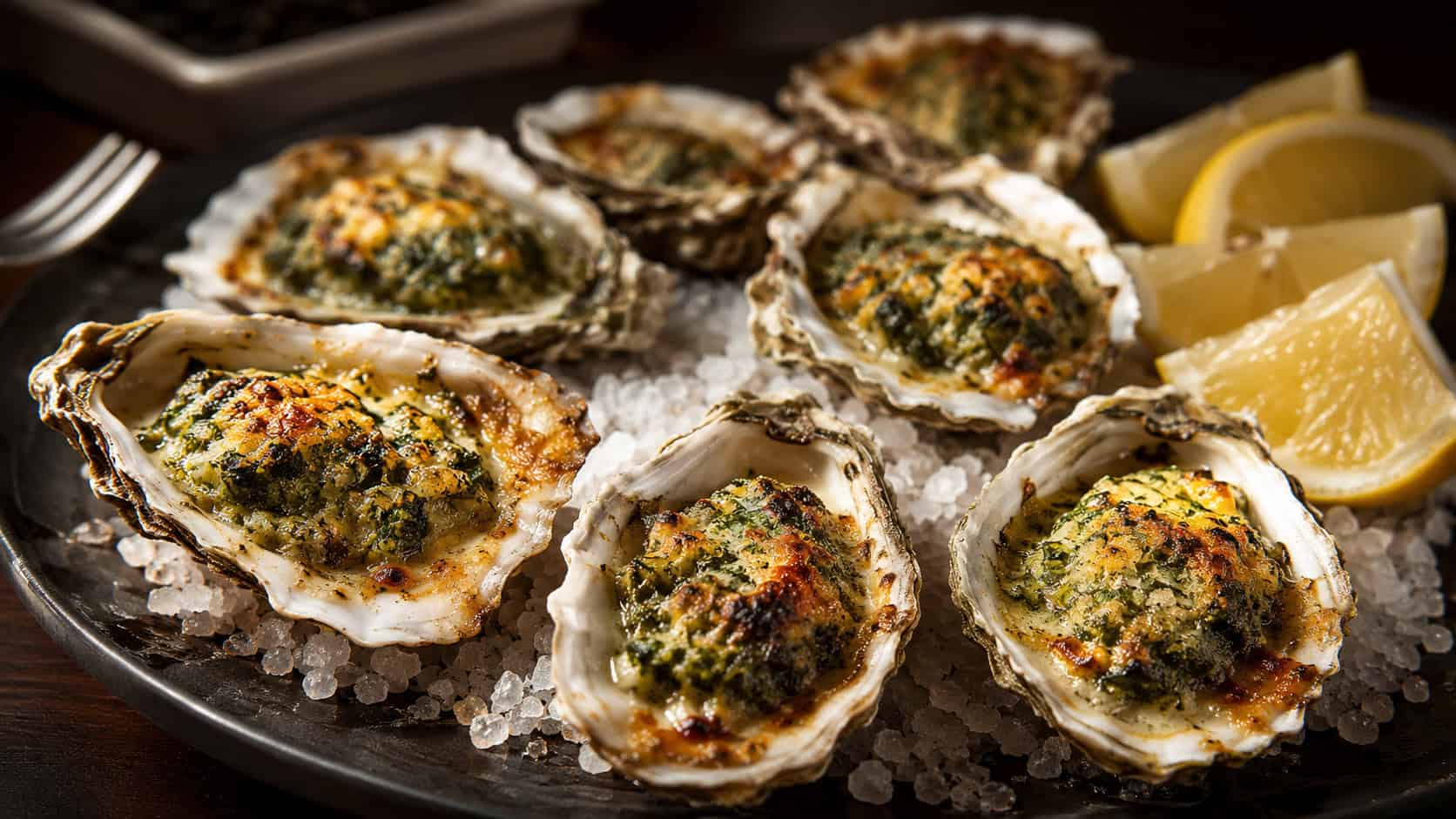 oysters Rockefeller on the half shell with golden bubbly spinach topping in a wide horizontal shot, nestled on rock salt on a dark platter with lemon wedges, dramatic warm light, shallow depth of field, landscape orientation