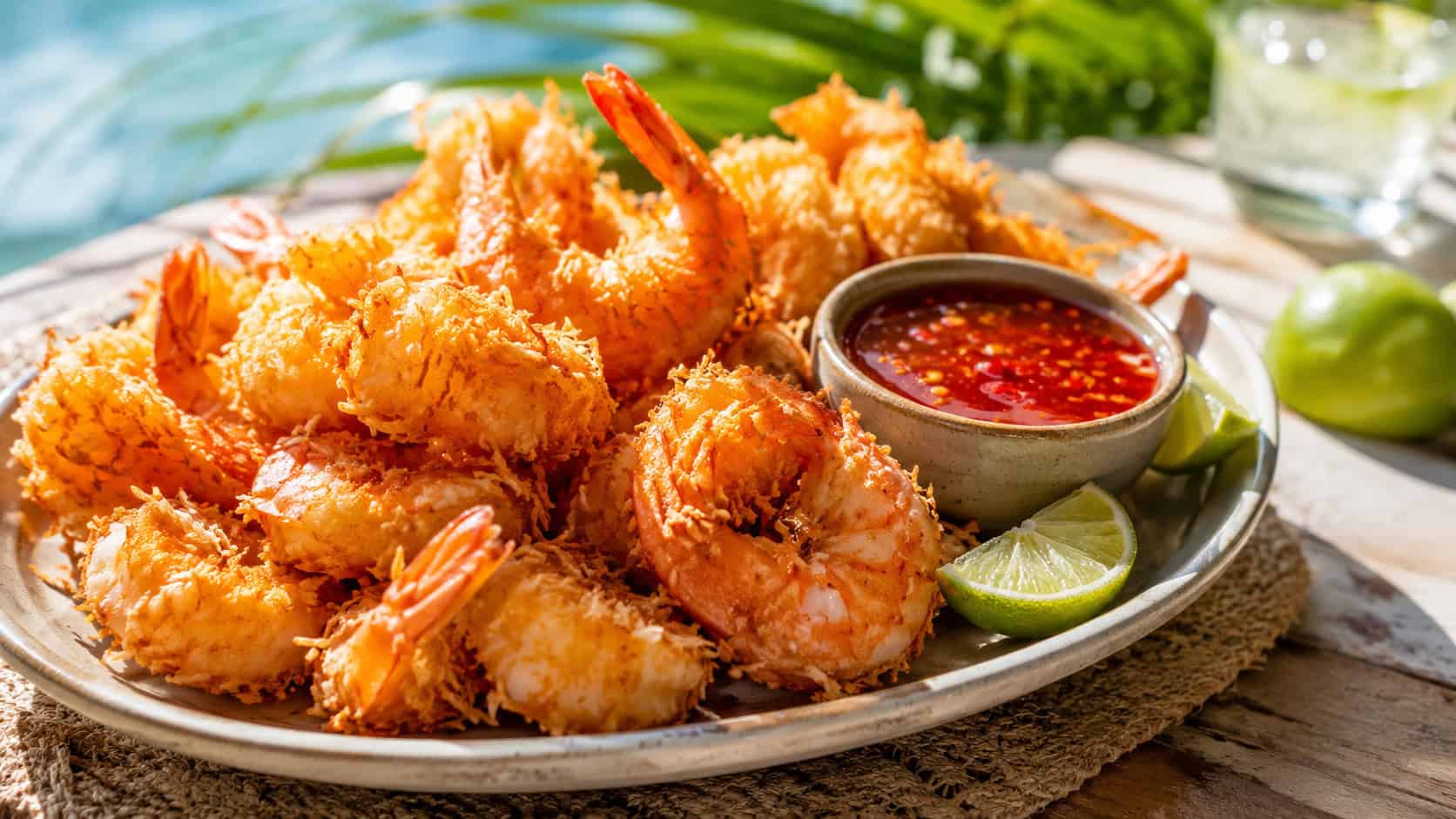 golden crispy coconut shrimp piled on a platter with a bowl of sweet chili sauce in a wide horizontal shot, on a bright table with lime wedges, sunny tropical light, shallow depth of field, landscape orientation