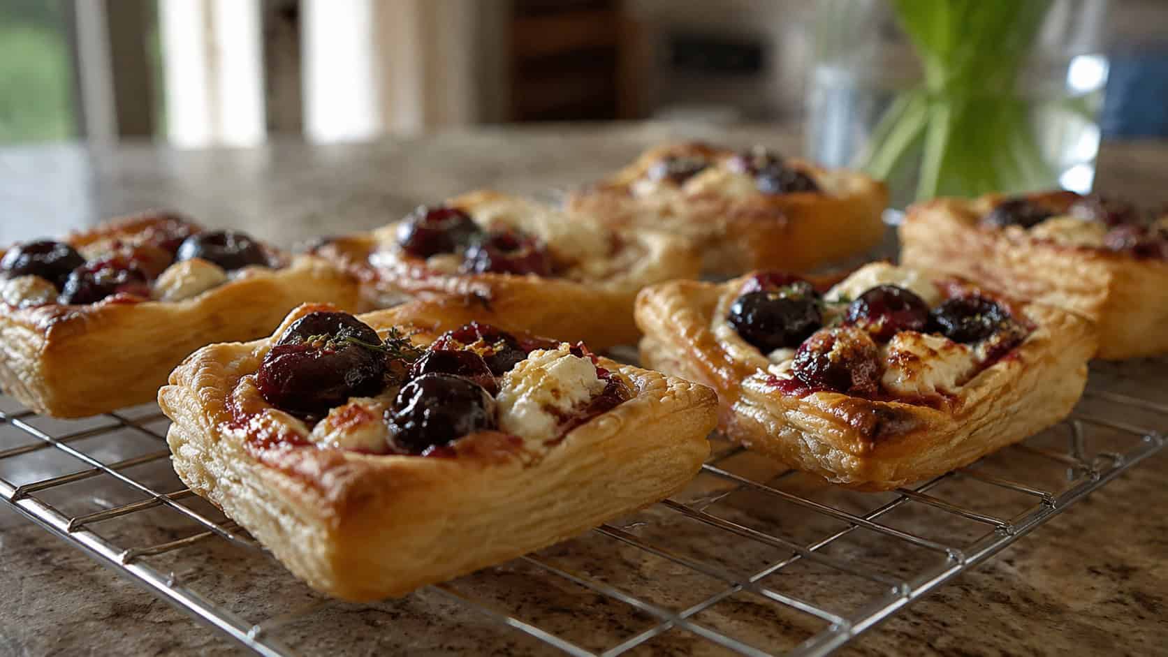 golden puff pastry tartlets filled with goat cheese and dark cherries in a wide horizontal shot, cooling on a wire rack on a kitchen counter, warm natural light, shallow depth of field, landscape orientation