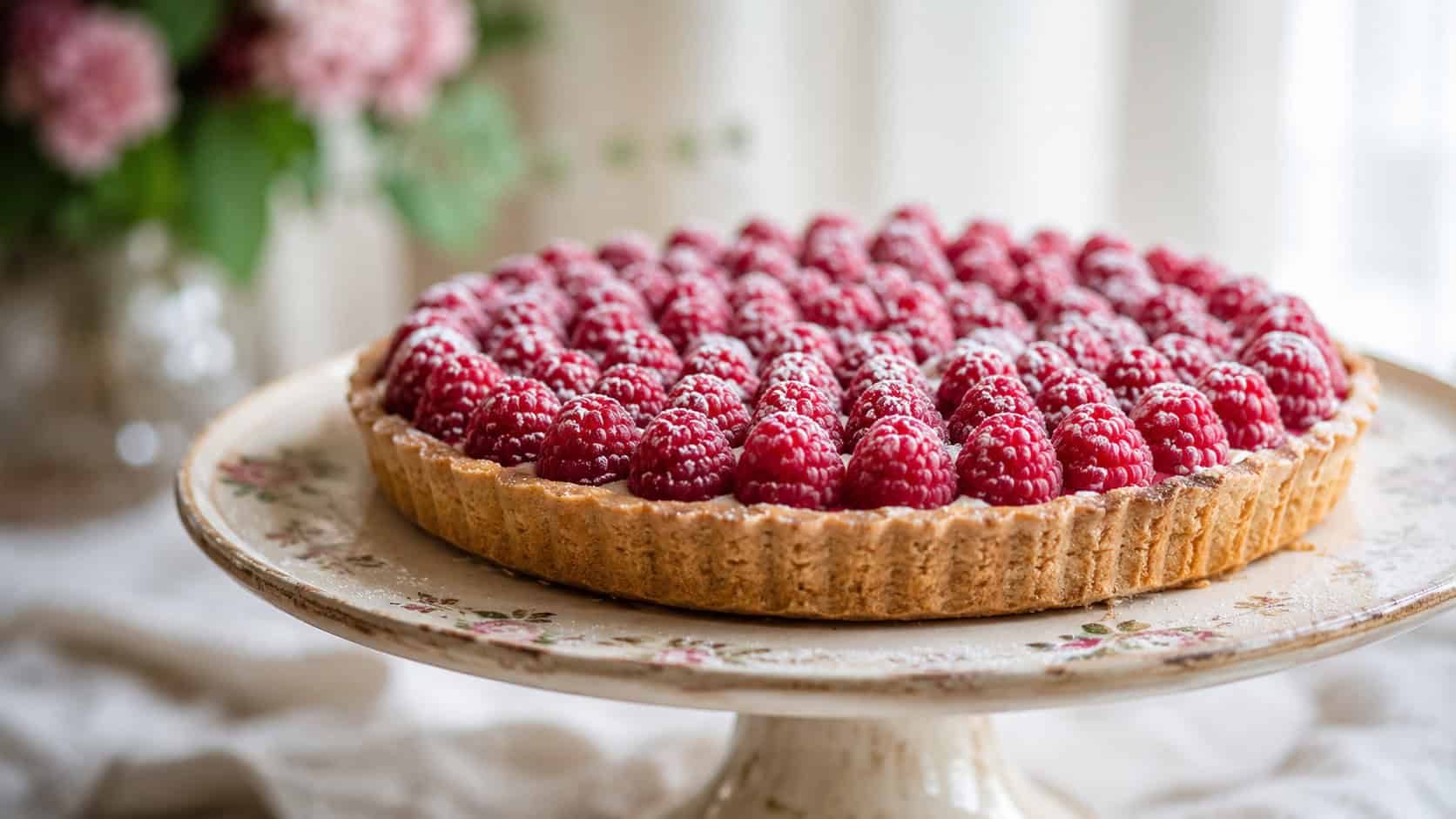 an almond tart topped with rows of fresh raspberries and a dusting of powdered sugar in a wide horizontal shot, on a vintage cake stand, soft natural light, shallow depth of field, landscape orientation