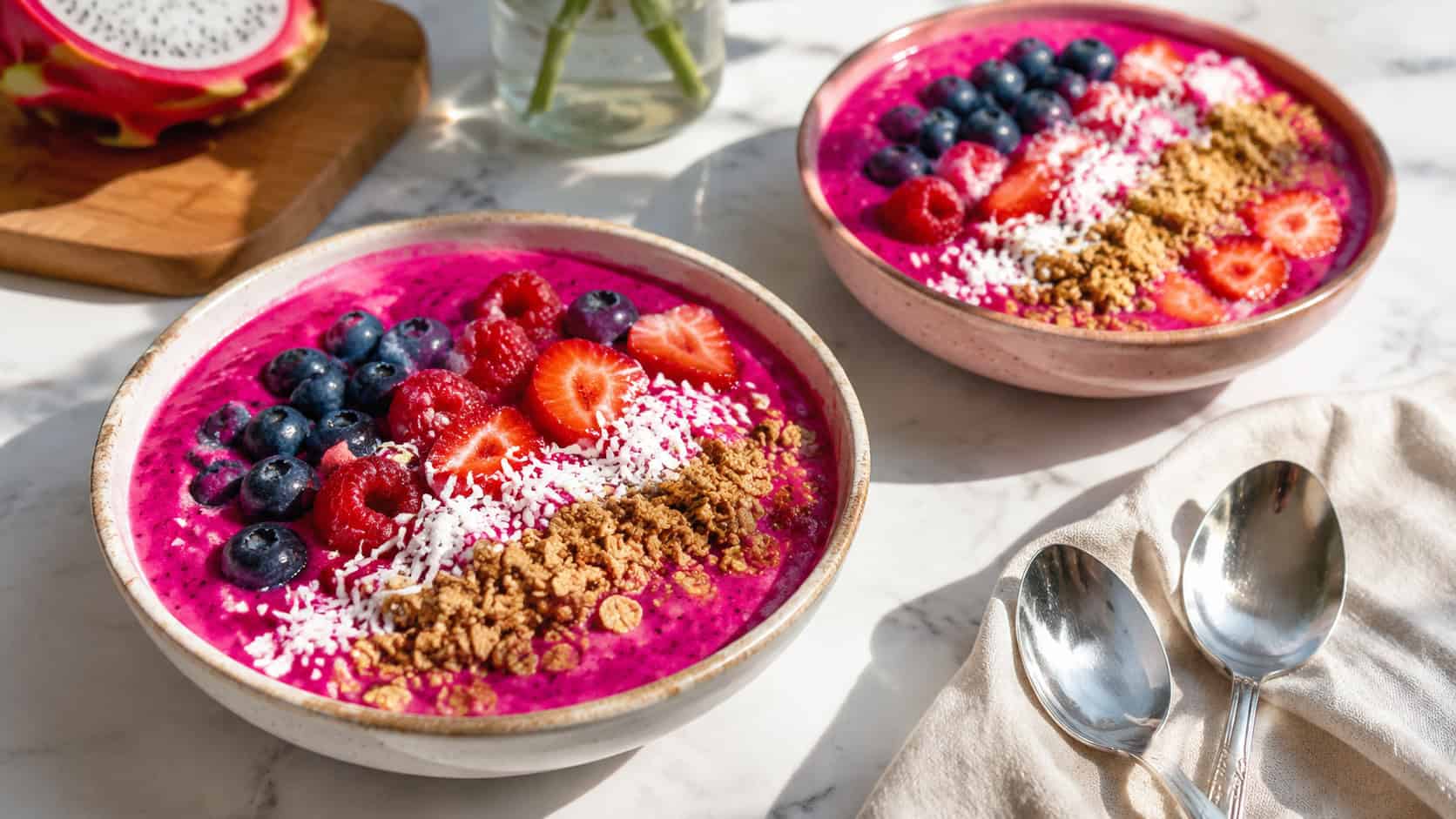 two hot pink dragon fruit smoothie bowls topped with berries, granola, and coconut in a wide horizontal shot, on a bright kitchen table, sunny natural light, shallow depth of field, landscape orientation