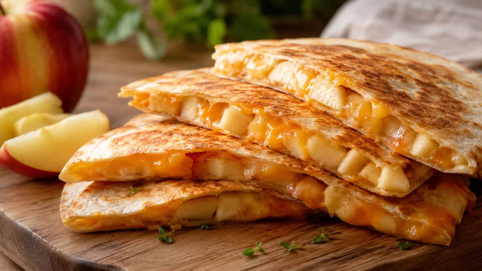 golden apple cheddar quesadilla wedges with melted cheese in a wide horizontal shot, stacked on a wooden cutting board with apple slices, warm natural light, shallow depth of field, landscape orientation