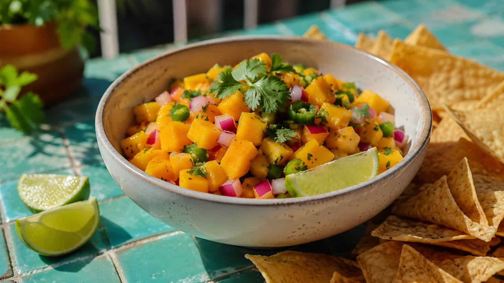a bright bowl of mango salsa with lime in a wide horizontal shot, surrounded by tortilla chips on a turquoise tiled table, sunny natural light, shallow depth of field, landscape orientation