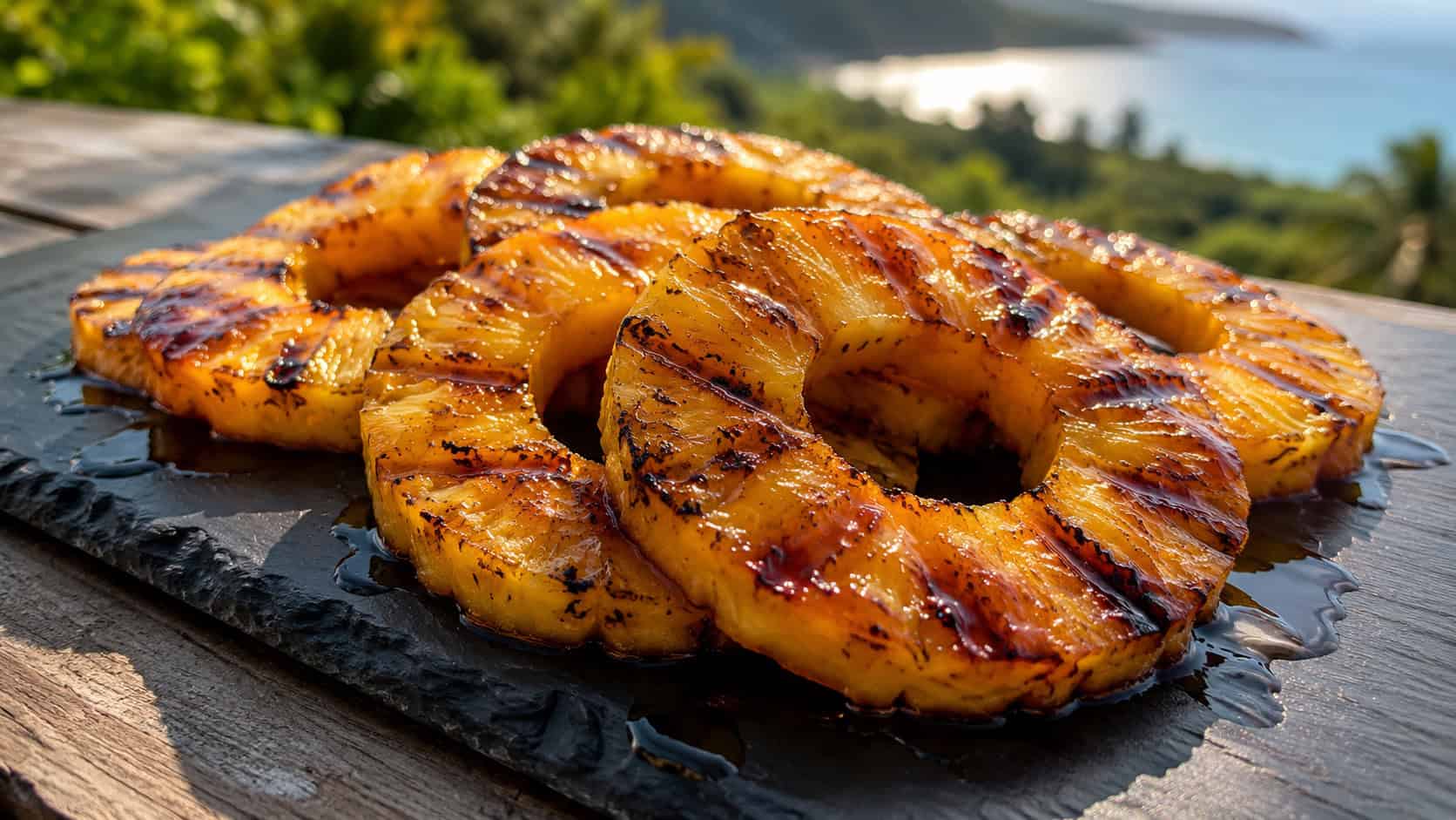 caramelized grilled pineapple rings with dark grill marks in a wide horizontal shot, glistening with honey glaze on a slate serving board outdoors, warm natural light, shallow depth of field, landscape orientation