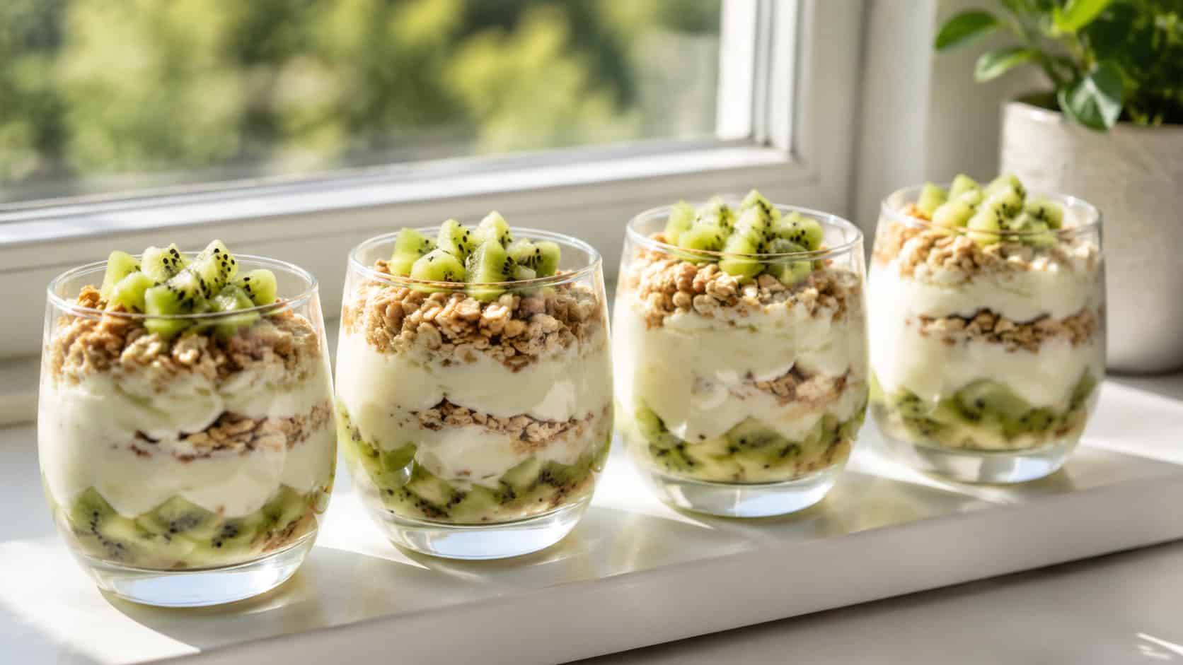 four glass parfaits layered with green kiwi, lime yogurt, and granola in a wide horizontal shot, lined up on a sunny windowsill, soft natural light, shallow depth of field, landscape orientation