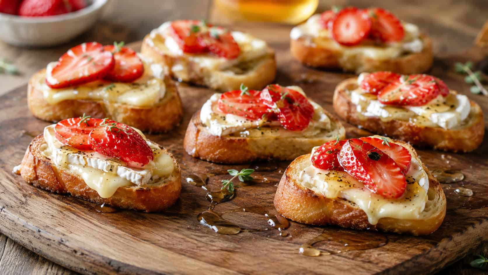 crostini bites topped with melted brie, sliced strawberries, and honey in a wide horizontal shot, scattered on a rustic wooden board, warm natural light, shallow depth of field, landscape orientation