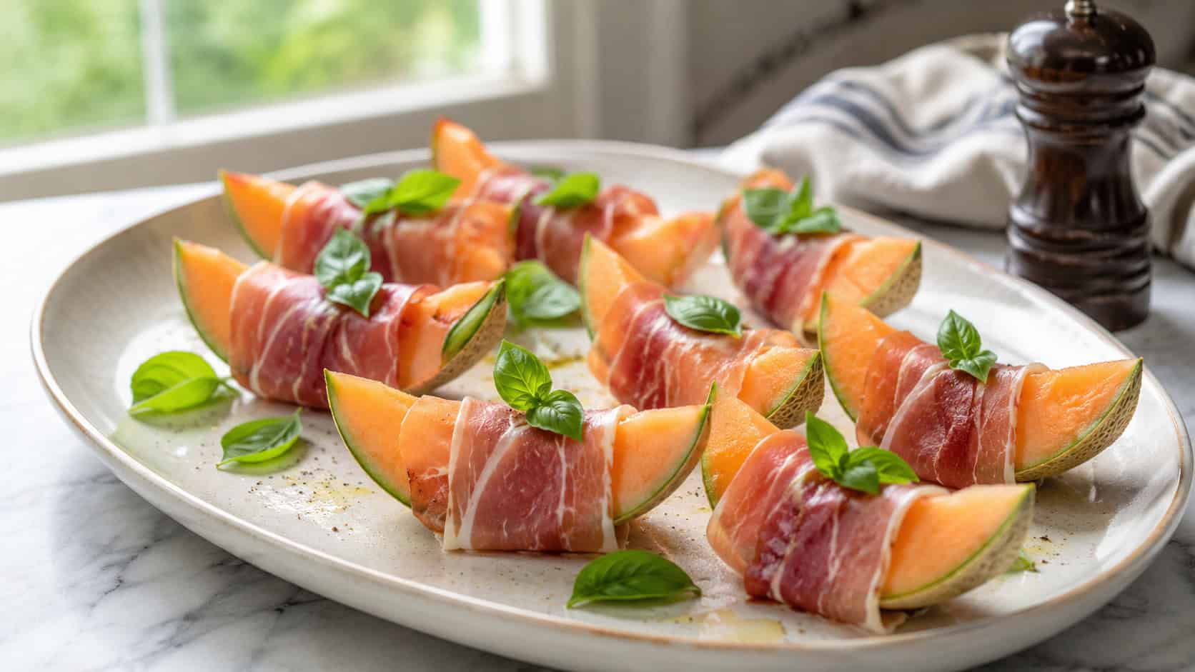 cantaloupe wedges wrapped in prosciutto with basil in a wide horizontal shot, arranged on a pale ceramic platter with a pepper grinder nearby, bright natural light, shallow depth of field, landscape orientation