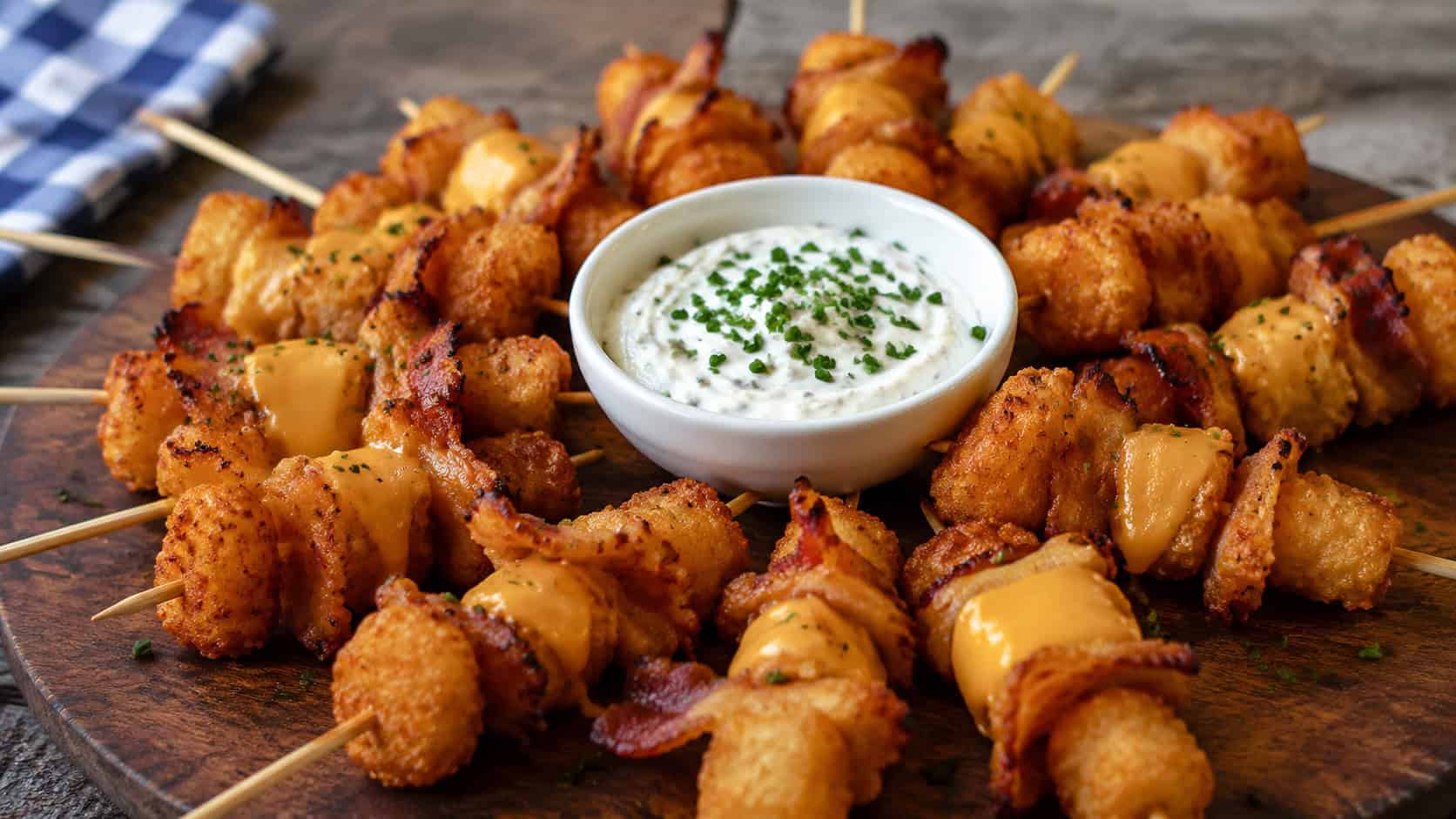 a platter of loaded tater tot skewers with crispy bacon and melted cheddar cubes in a wide horizontal shot, arranged around a small bowl of sour cream chive dip on a rustic wooden board, natural light, shallow depth of field, landscape orientation