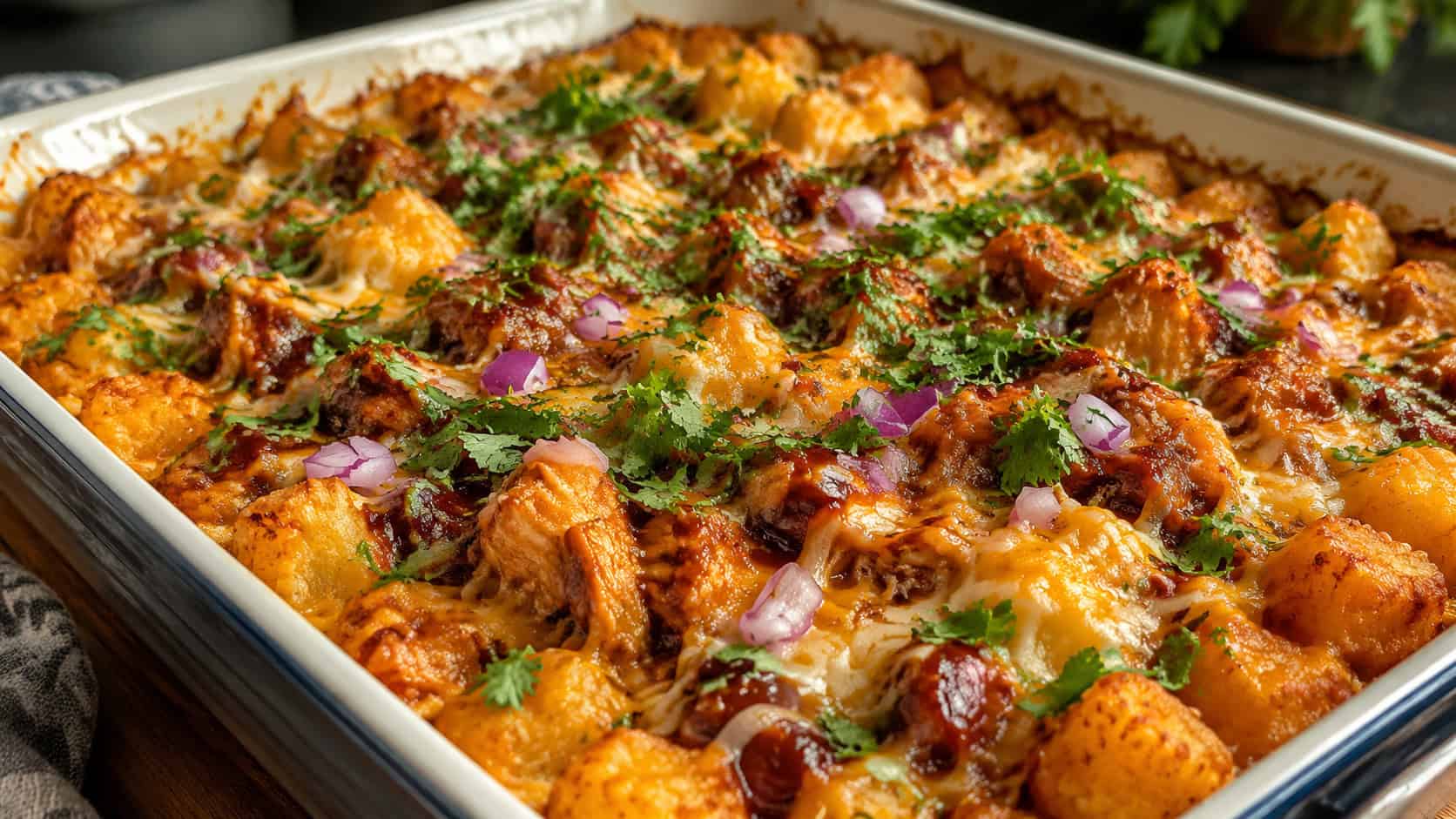 a bubbling BBQ chicken tater tot casserole in a baking dish with melted cheese, sticky barbecue chicken, and red onion in a wide horizontal shot, sprinkled with cilantro, warm natural light, shallow depth of field, landscape orientation