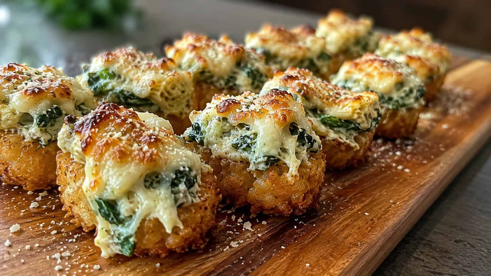 spinach and artichoke tater tot bites topped with creamy dip and golden bubbly cheese in a wide horizontal shot on a serving board, a sprinkle of parmesan over the top, soft natural light, shallow depth of field, landscape orientation