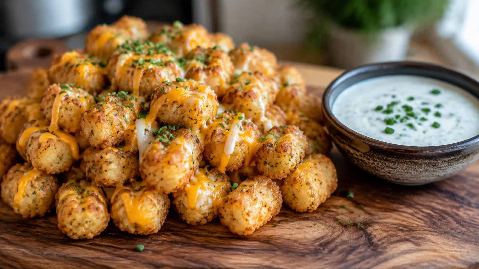 cheesy ranch tater tots sprinkled with chives in a wide horizontal shot beside a bowl of creamy ranch dip on a wooden board, melted cheddar clinging to the tots, natural light, shallow depth of field, landscape orientation