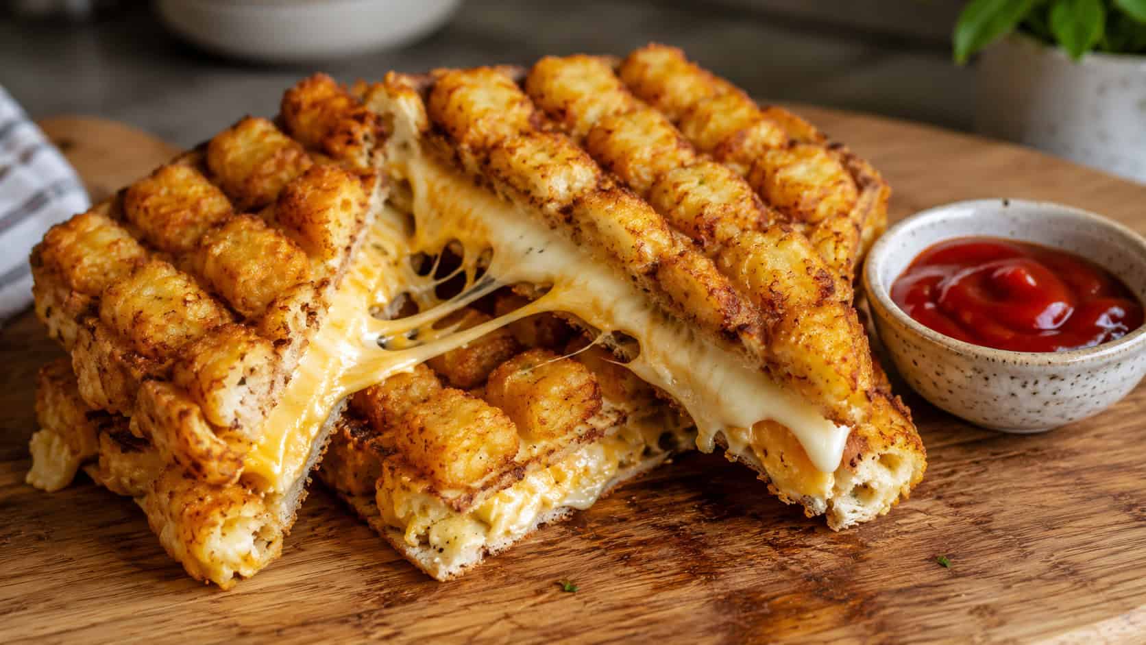 golden tater tot waffle grilled cheese cut into wedges with melting cheese stretching between layers in a wide horizontal shot on a board, a small bowl of ketchup beside it, warm natural light, shallow depth of field, landscape orientation