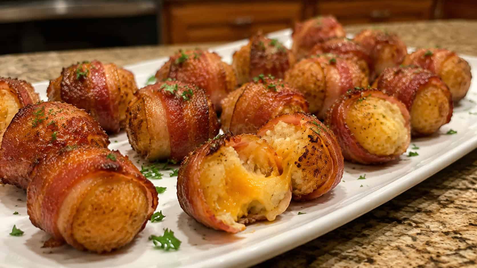 bacon-wrapped cheesy tater tot bombs with glossy caramelized bacon on a wide horizontal serving plate, a few broken open to show melted cheese, scattered parsley, warm kitchen light, shallow depth of field, landscape orientation
