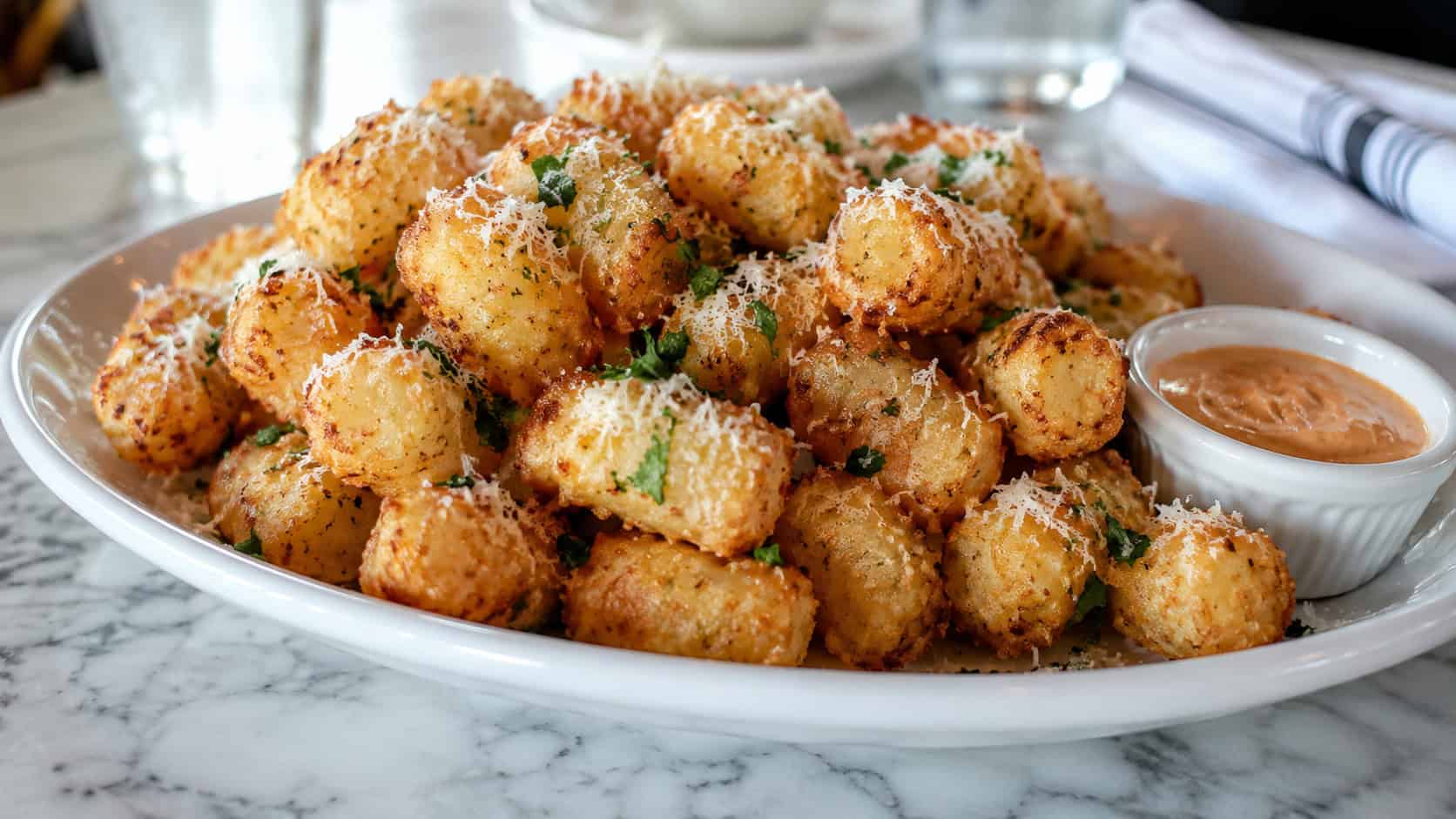 a heaping platter of crispy parmesan tater tots dusted with grated cheese and fresh parsley in a wide horizontal shot, a small ramekin of dip beside them on a marble surface, soft natural light, shallow depth of field, landscape orientation
