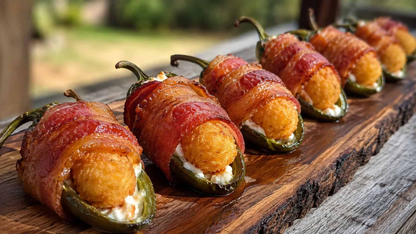 bacon-wrapped jalapeno poppers stuffed with cream cheese and a golden tater tot in a wide horizontal shot, arranged in a row on a rustic platter, crisp bacon glistening, warm natural light, shallow depth of field, landscape orientation