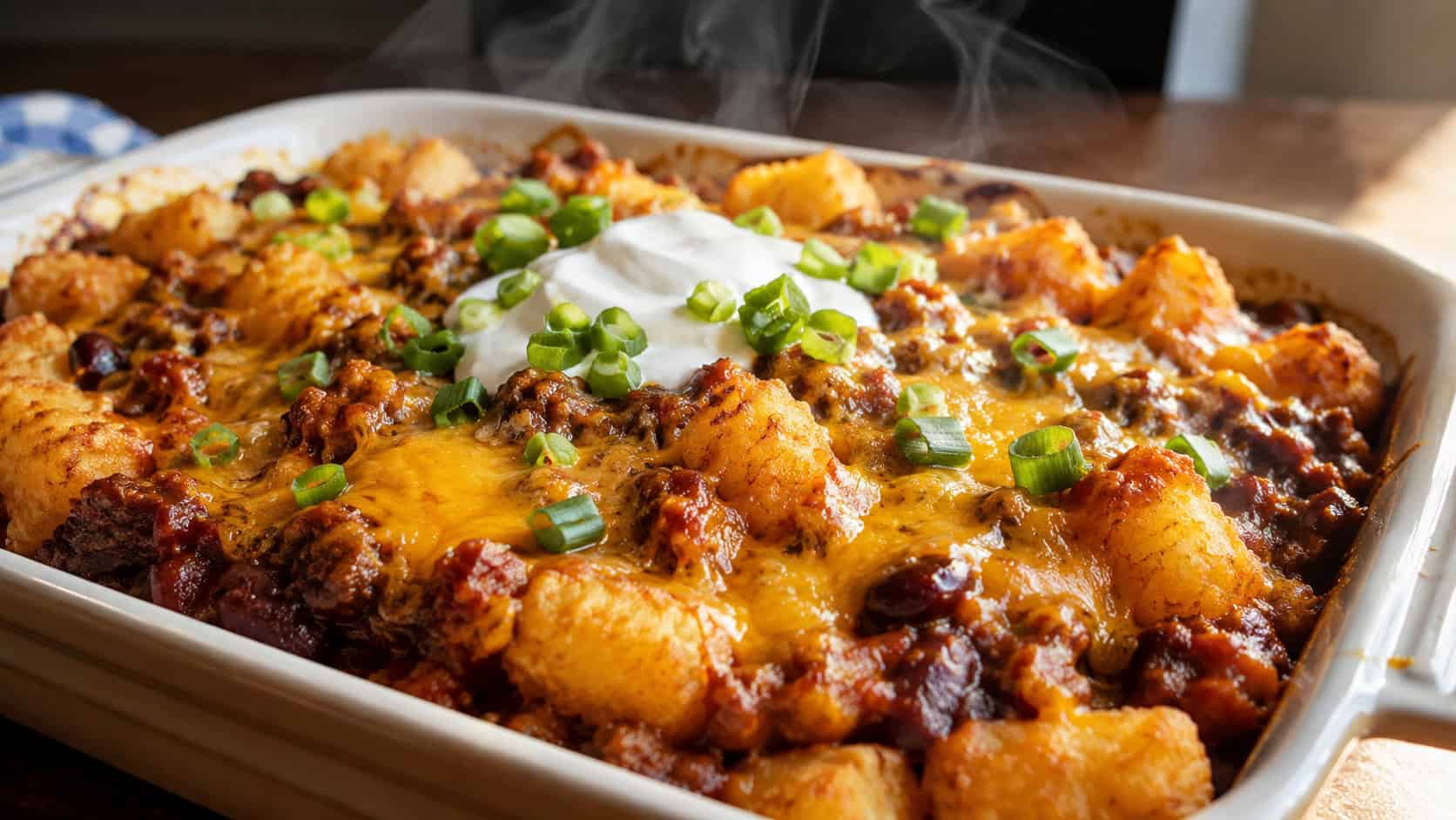 chili cheese tater tots in a baking dish smothered with bubbly melted cheddar and chili in a wide horizontal shot, topped with green onions and sour cream, steam rising, warm natural light, shallow depth of field, landscape orientation