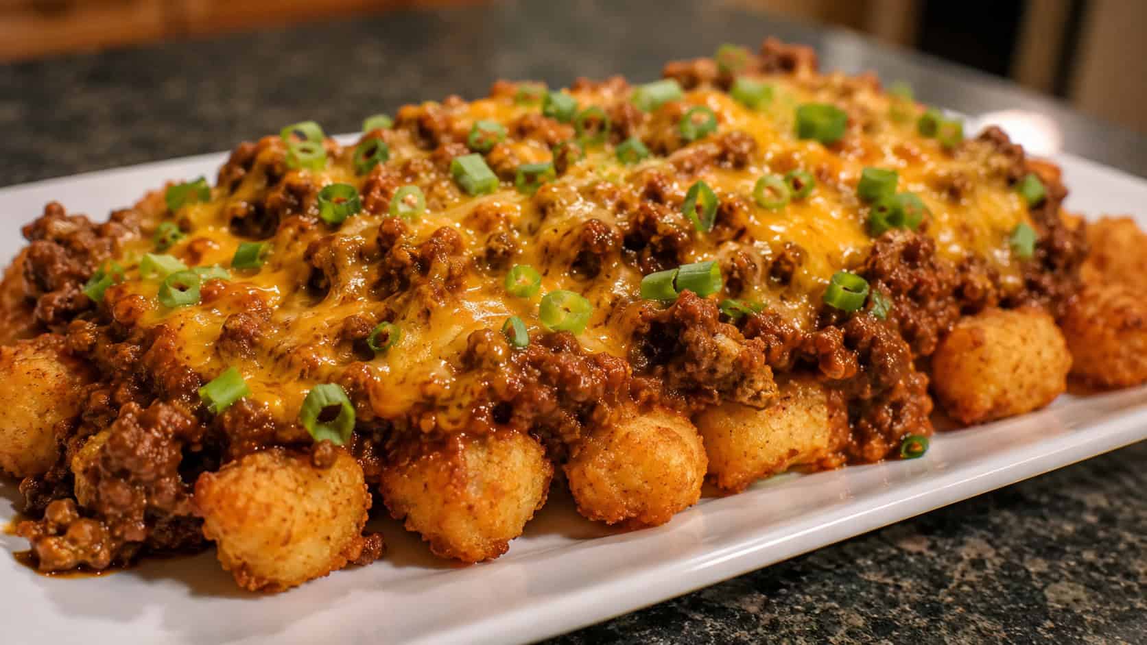 crispy tater tots topped with saucy sloppy joe beef and melted cheddar in a wide horizontal shot on a platter, a few green onions scattered over, cozy kitchen light, shallow depth of field, landscape orientation