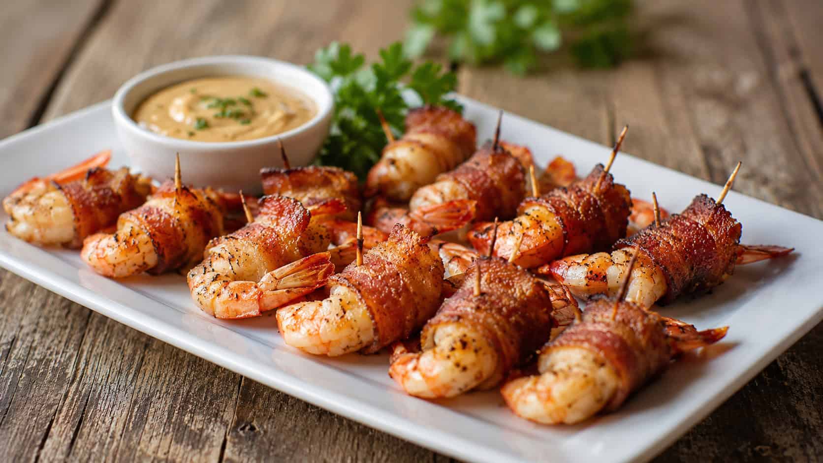bacon-wrapped shrimp arranged on a white platter in a wide horizontal shot, golden crisp bacon and pink shrimp with toothpicks, a small bowl of dipping sauce and parsley on a rustic wooden table, natural light, shallow depth of field, landscape orientation