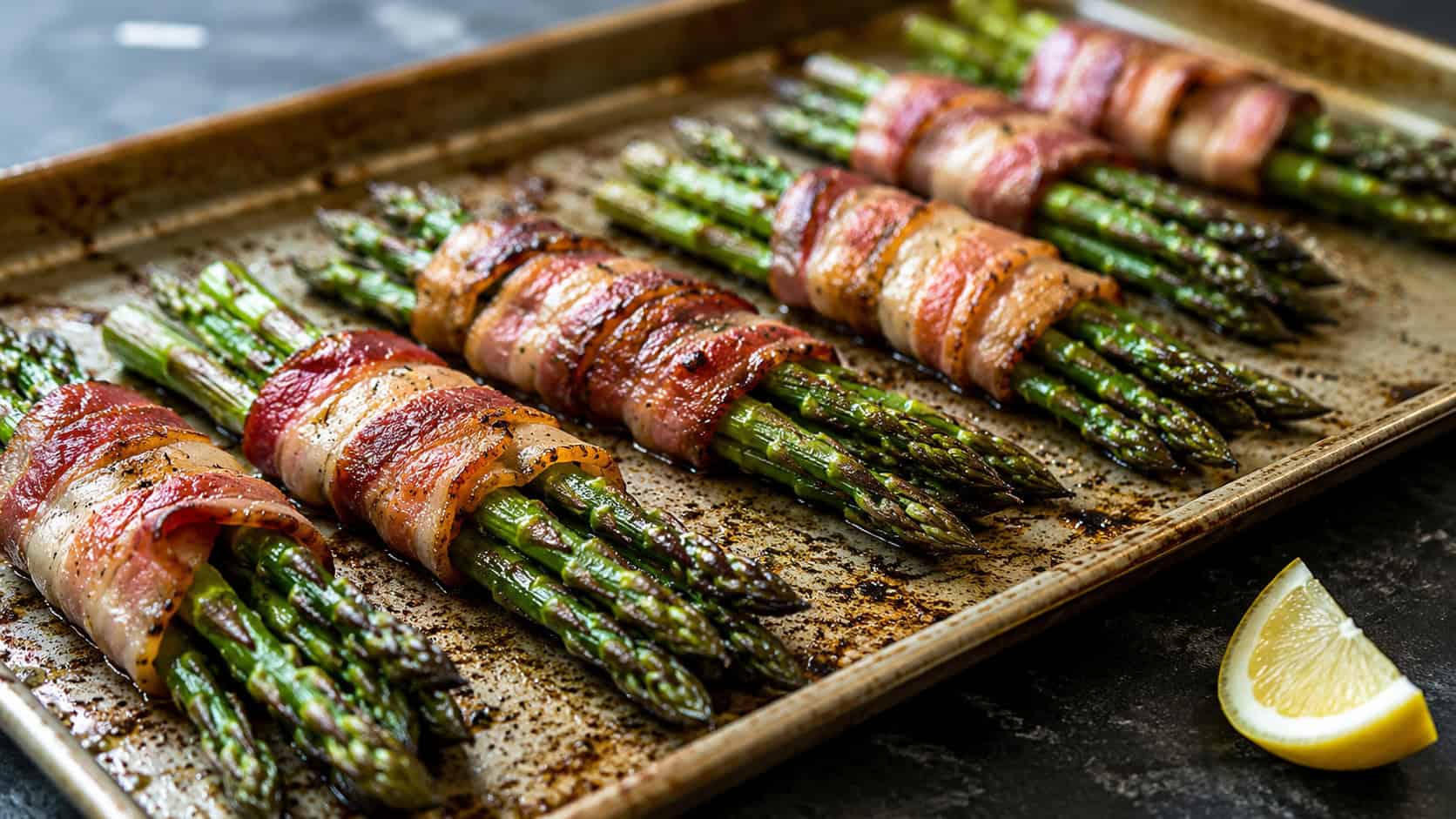 bacon-wrapped asparagus bundles on a wide sheet pan shot horizontally, crisp golden bacon around bright green spears, a lemon wedge and dark surface nearby, natural light, shallow depth of field, landscape orientation