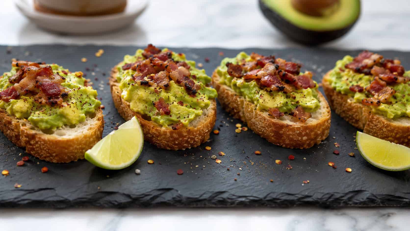 bacon avocado toast bites lined across a wide slate board in a horizontal shot, crisp baguette rounds topped with green avocado and crumbled bacon, lime wedges and a scatter of pepper flakes, bright natural light, shallow depth of field, landscape orientation