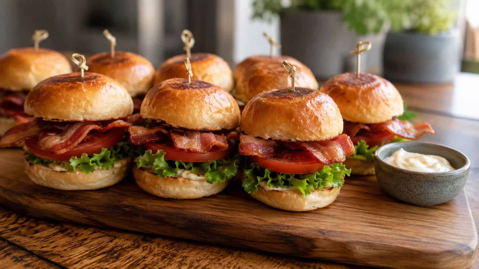 mini BLT sliders arranged in rows on a wide wooden board shot horizontally, toasted golden buns layered with crisp bacon, green lettuce and red tomato, a small bowl of mayo nearby, natural light, shallow depth of field, landscape orientation