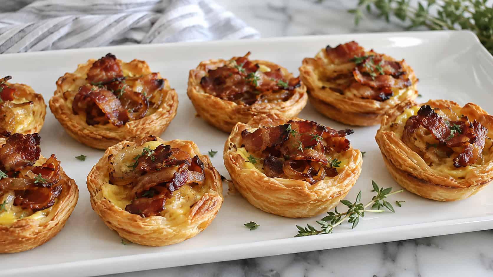bacon and onion tartlets on a wide white platter shot horizontally, golden flaky pastry cups with savory custard and caramelized onion, fresh thyme and a marble surface, soft natural light, shallow depth of field, landscape orientation