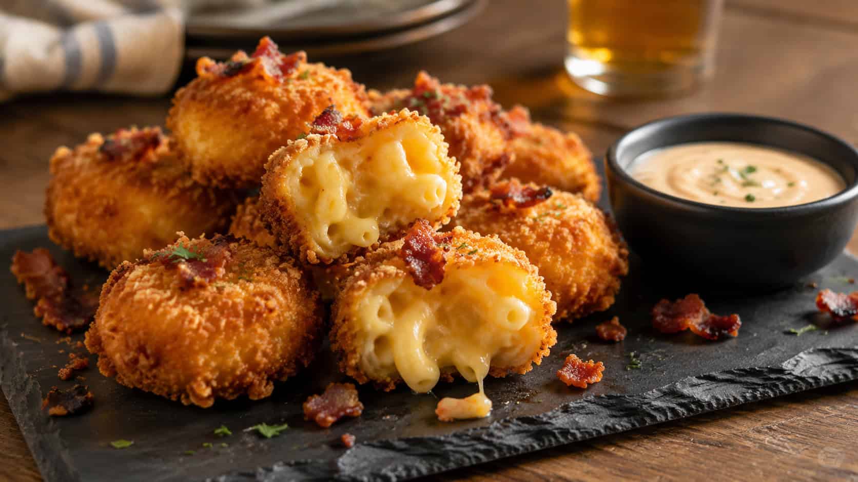 bacon macaroni and cheese bites stacked on a wide black slate board in a horizontal shot, crisp golden panko crust with melty cheese centers, crumbled bacon and a dipping sauce nearby, warm natural light, shallow depth of field, landscape orientation