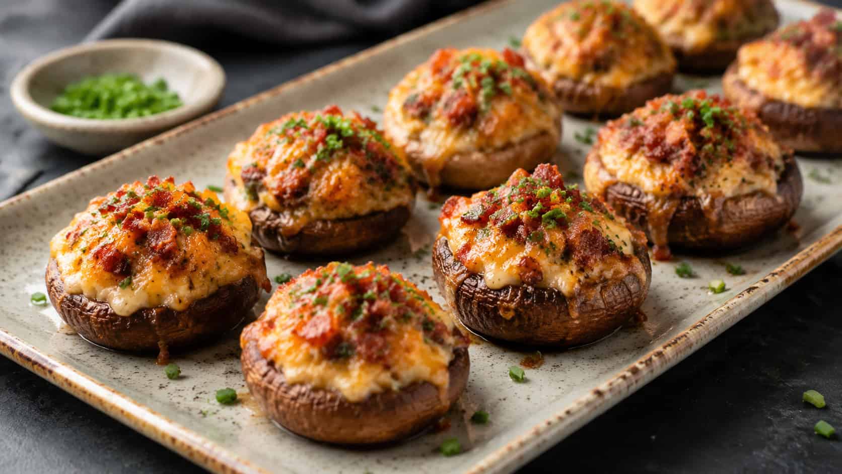 bacon and cheese stuffed mushrooms on a wide ceramic platter in a horizontal shot, golden bubbling cheese tops with crumbled bacon, fresh chives and a dark slate surface, soft natural light, shallow depth of field, landscape orientation
