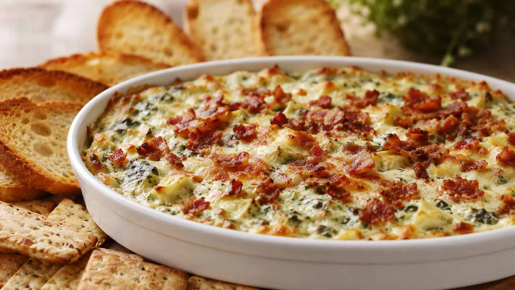 a bubbling bacon spinach artichoke dip in a wide baking dish shot horizontally, golden melted cheese top with crumbled bacon, toasted bread slices and crackers fanned around it, warm natural light, shallow depth of field, landscape orientation