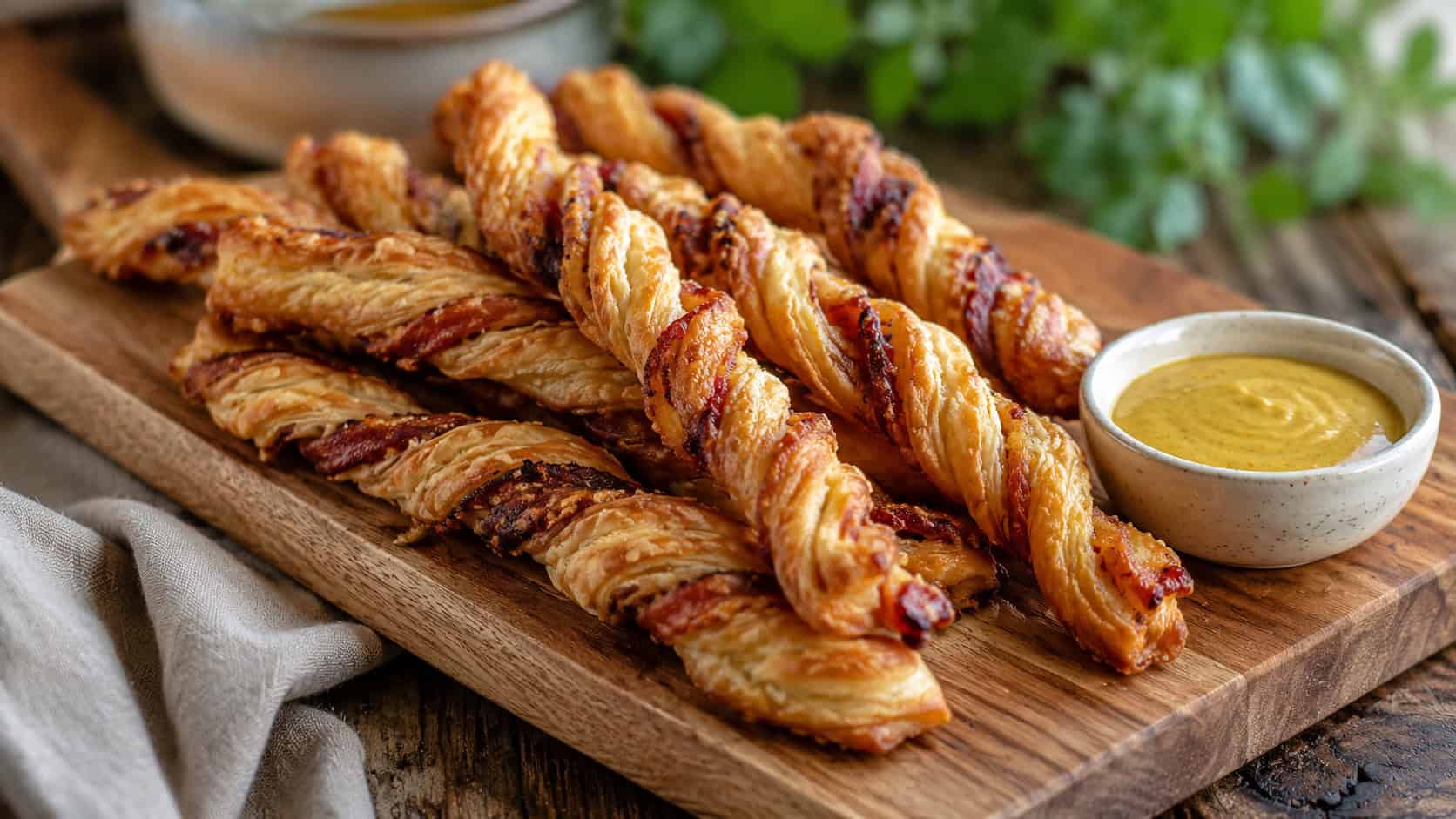 crispy bacon puff pastry twists stacked on a wide wooden board in a horizontal shot, golden flaky spirals beside a small bowl of honey mustard, a linen napkin and rustic surface, natural light, shallow depth of field, landscape orientation