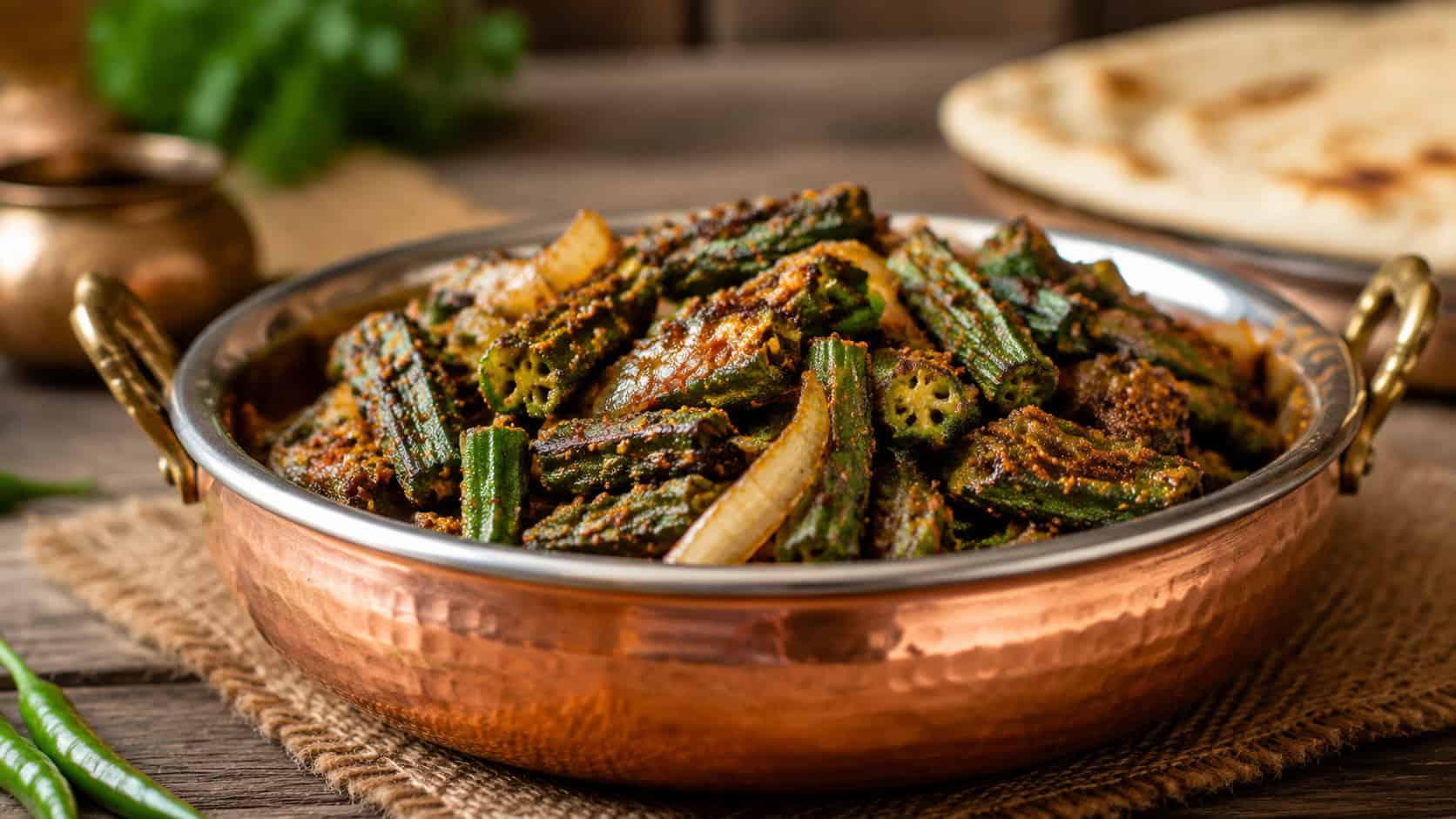 crispy bhindi fry okra with spices and onions in a wide horizontal shot, served in a copper bowl on a rustic table, warm natural light, shallow depth of field, landscape orientation