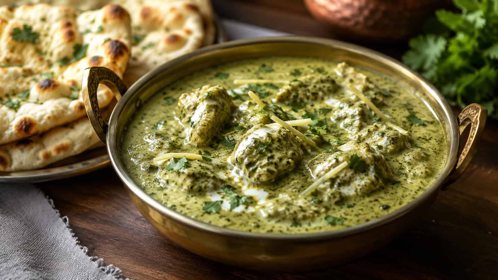 creamy methi malai murg chicken in a pale green sauce in a wide horizontal shot, served in a brass bowl with naan on the side, warm natural light, shallow depth of field, landscape orientation