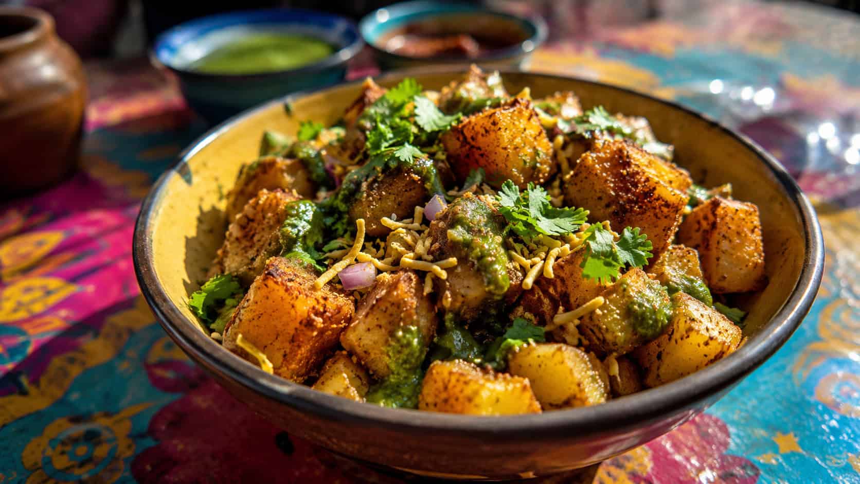 aloo chaat crispy potato cubes tossed with spices and chutney in a wide horizontal shot, served in a bowl topped with cilantro on a colorful table, warm natural light, shallow depth of field, landscape orientation
