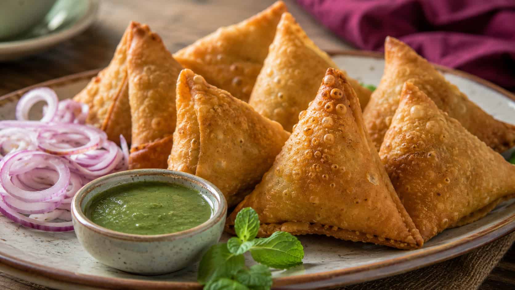 golden crispy keema samosas in a wide horizontal shot, arranged on a plate with sliced onions and mint chutney, warm natural light, shallow depth of field, landscape orientation