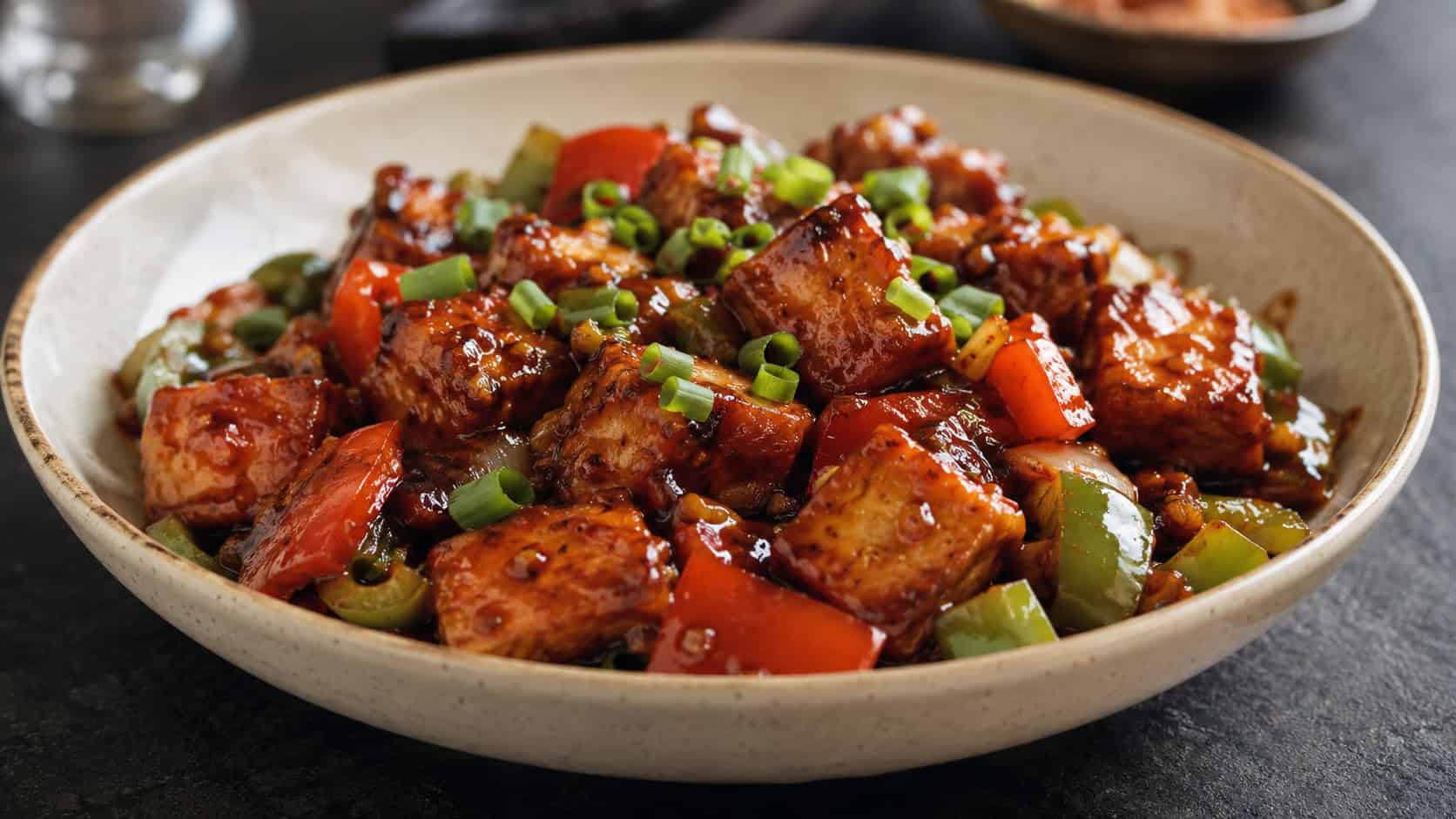 chilli paneer cubes glistening in a dark glossy sauce with peppers and green onion in a wide horizontal shot, served in a bowl on a dark table, warm natural light, shallow depth of field, landscape orientation