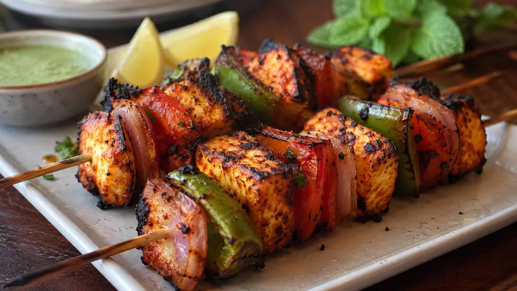 charred paneer tikka cubes with grilled peppers and onions on skewers in a wide horizontal shot, arranged on a platter with mint chutney and lemon, warm natural light, shallow depth of field, landscape orientation