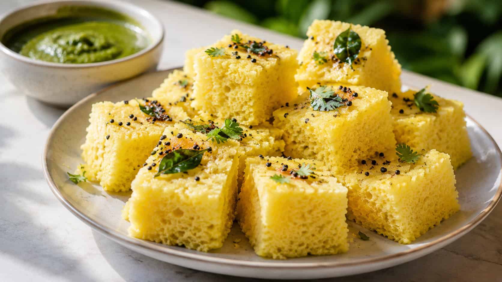 soft yellow dhokla squares topped with mustard seeds and curry leaves in a wide horizontal shot, arranged on a plate with green chutney, bright natural light, shallow depth of field, landscape orientation